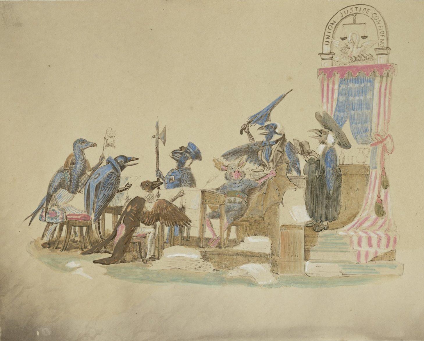 A whimsical courtroom scene features various birds as participants: some in blue uniforms, one holding an axe, and others with hats. They surround a judge’s bench under a banner reading Union Justice Children.