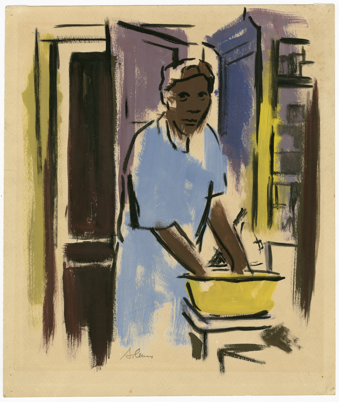 Painting of a person wearing a white hat and apron, standing at a table with a yellow bowl, in what appears to be a kitchen. The style is loose and expressive, with bold brushstrokes.