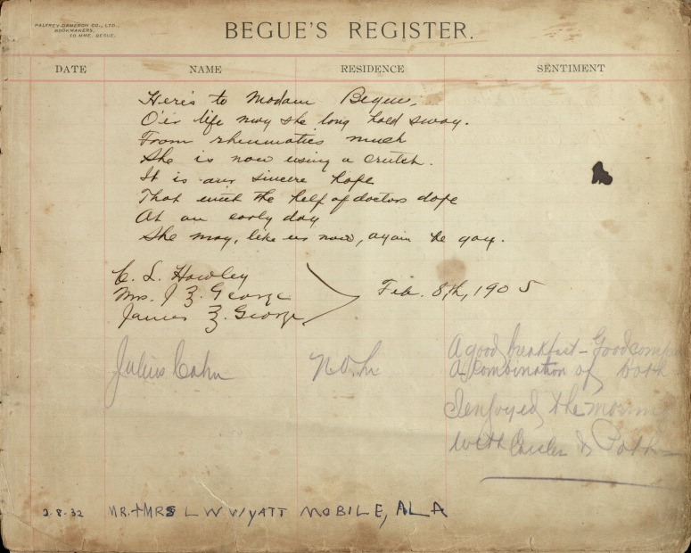 A page from the Begue's Restaurant Register.