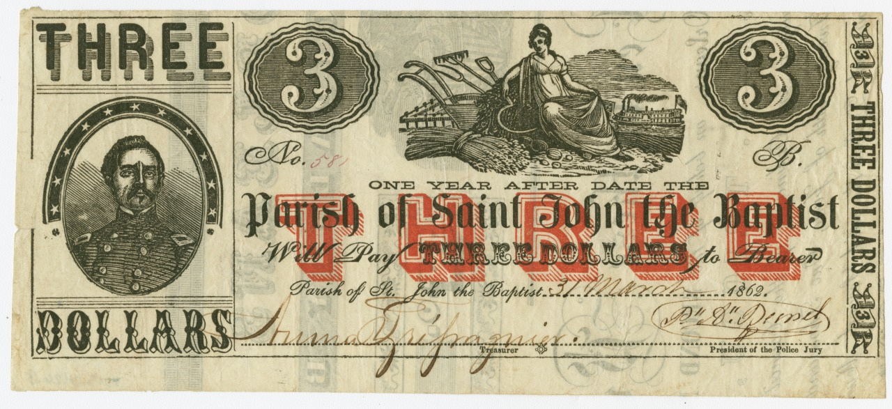 A vintage three-dollar banknote from the Parish of St. John the Baptist, dated 1862. It features a portrait of a man, the number 3, and an illustration of a seated woman with a bundle of wheat and a sickle.