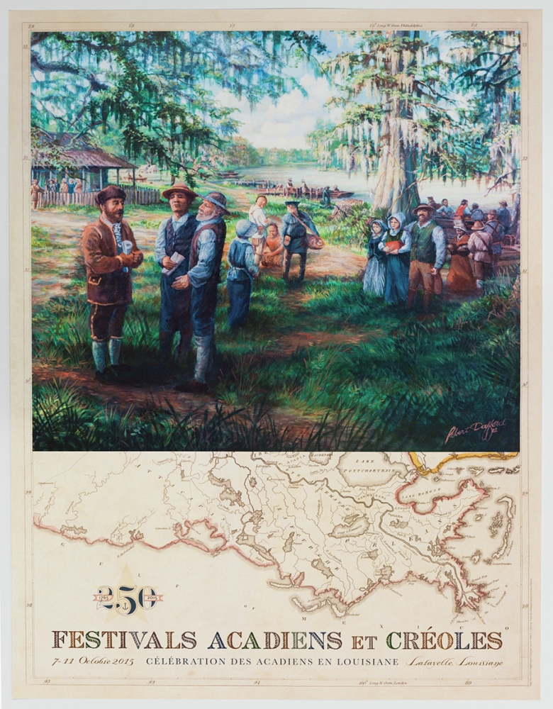 A colorful painting depicts a lively outdoor gathering of people dressed in historical attire, engaging in conversation. A map is shown below the image, with text promoting the 2015 Festivals Acadiens et Créoles in Lafayette, Louisiana.