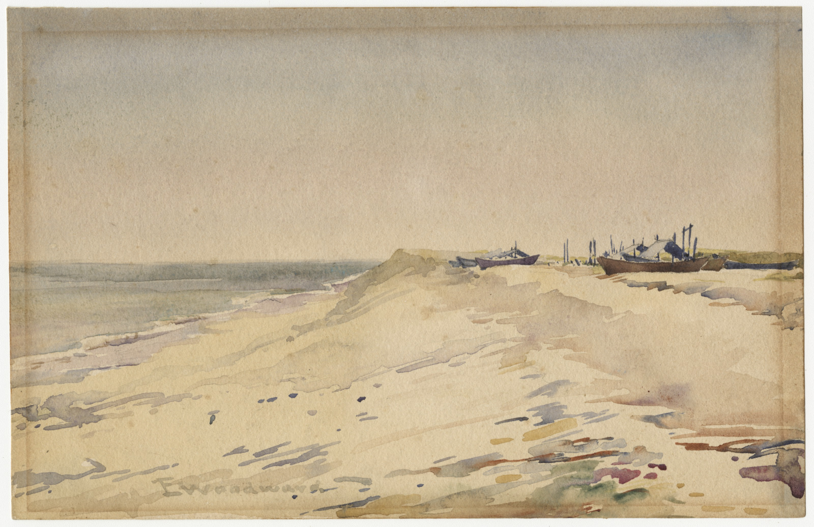 A serene watercolor painting depicts a sandy beach with gentle dunes, a calm sea on the left, and a few small boats resting on the shore. The sky is clear and light, suggesting a peaceful, sunny day.
