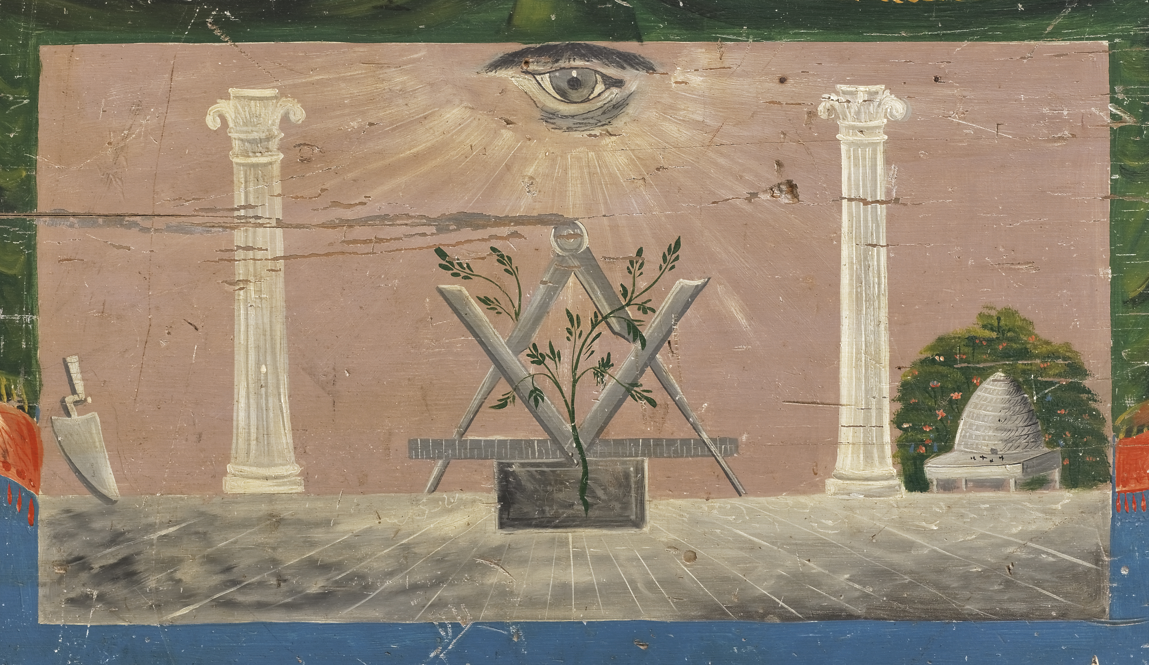 A painting featuring an eye within a radiant sun above two classical columns. In the center are a square and compass with sprouting plants. A trowel and a beehive are on either side, on a tiled floor.