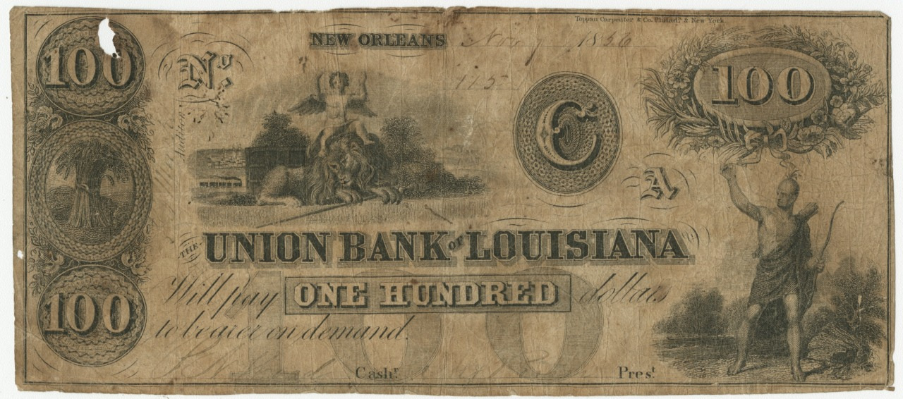 Old banknote from the Union Bank of Louisiana, valued at one hundred dollars. Features intricate illustrations, including an eagle, a seated figure, and decorative patterns. Marked New Orleans at the top. Well-worn with signs of age.