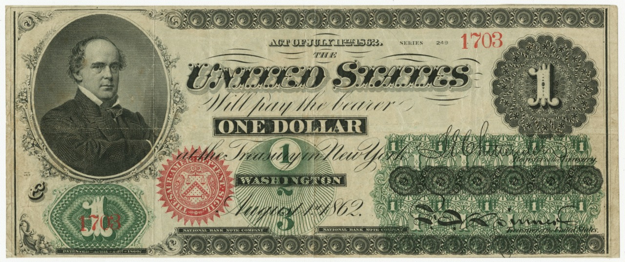 An 1862 United States one dollar bill featuring ornate designs, a portrait of a man on the left, and the denomination prominently displayed. The treasury seals and signatures are visible with intricate patterns throughout.