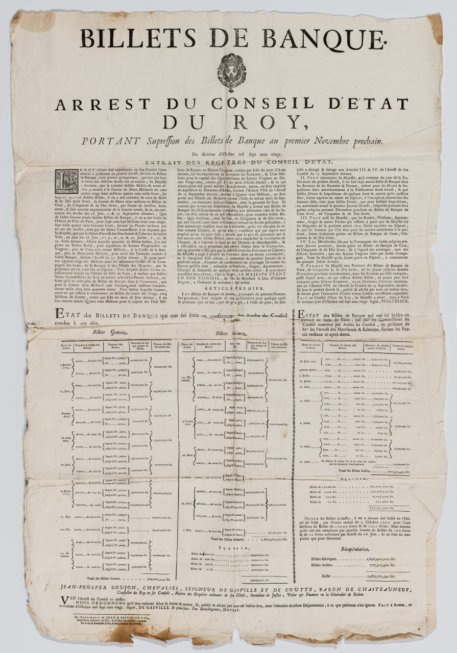 A historical document titled Billets de Banque in French, featuring an official decree. The text is printed in a formal layout, with a table and additional information below. The paper appears aged and worn.