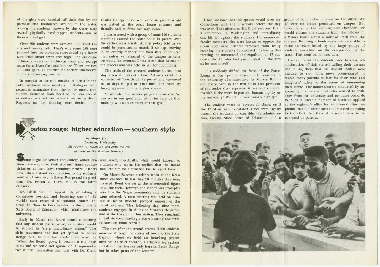 A black and white image showing a vintage newsletter or newspaper page. An article with the headline Baton Rouge: Higher Education—Southern Style is visible. Below, a photo depicts a group of young men in a crowd near a wooden structure.
