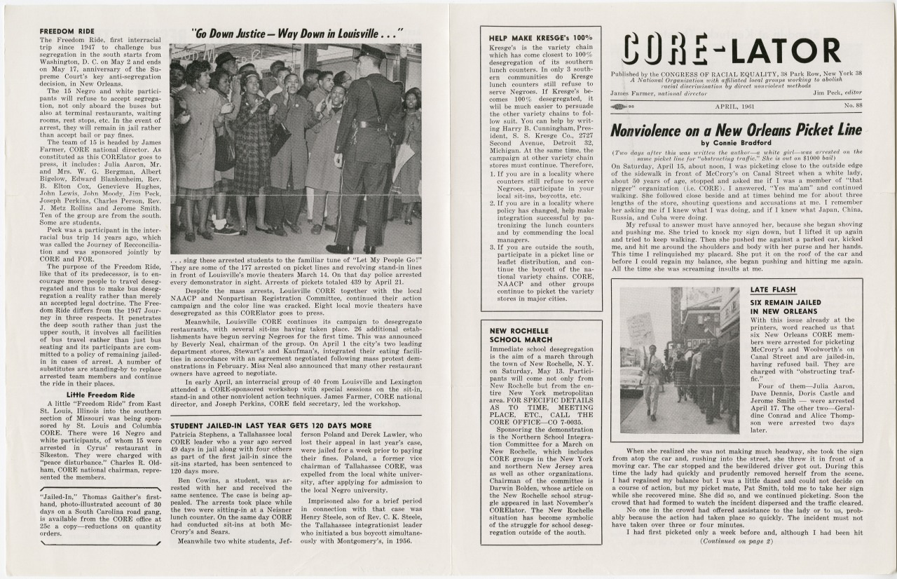 A black and white newsletter titled CORE-lator features articles, photographs of civil rights activities, and a headline about nonviolent picketing in New Orleans. There are images of protestors and sidebars with additional news updates.