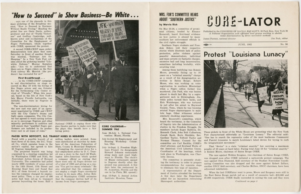 Black and white photo of a newsletter titled CORE-LATOR with articles about civil rights protests. Protestors hold signs advocating for equality and integration. The newsletter emphasizes racial issues and events in June 1962.