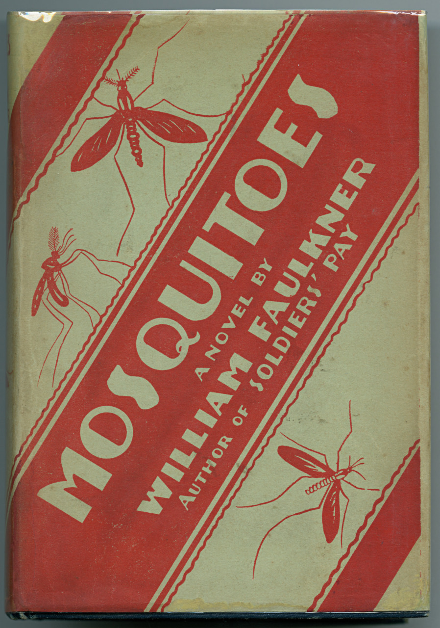 Cover of the book Mosquitoes by William Faulkner. It features red illustrations of mosquitoes and diagonal red text on a pale green background. The author is also noted as the writer of Soldiers Pay.
