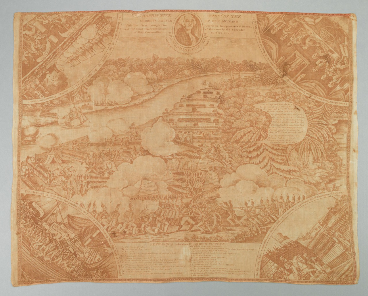 A detailed, vintage illustration on fabric showing various historical scenes and figures. The centerpiece depicts a battle with surrounding vignettes of military and naval events. The fabric predominantly features shades of red and beige.