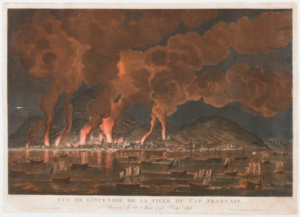 A historic painting depicts a city on fire, with large plumes of smoke and red flames rising into the night sky. The foreground shows a harbor filled with boats. The city is surrounded by hills. The scene conveys a dramatic and chaotic atmosphere.