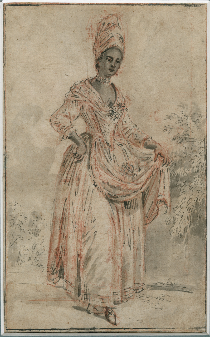 A historical illustration of a woman wearing an 18th-century dress with a tall head wrap, adorned with a floral design. She delicately holds the fabric of her dress. The background features light sketchy foliage.