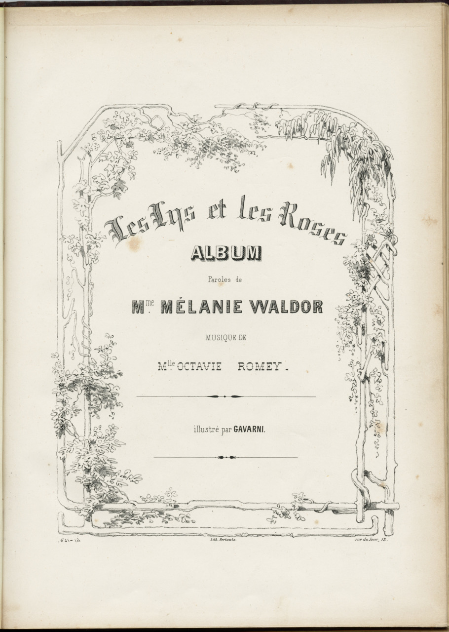 Cover page of Les Lys et les Roses featuring ornate floral illustrations. The text includes ALBUM, Mélanie Waldor, Octavie Romey, and illustré par Gavarni. The style is classic with decorative typography.