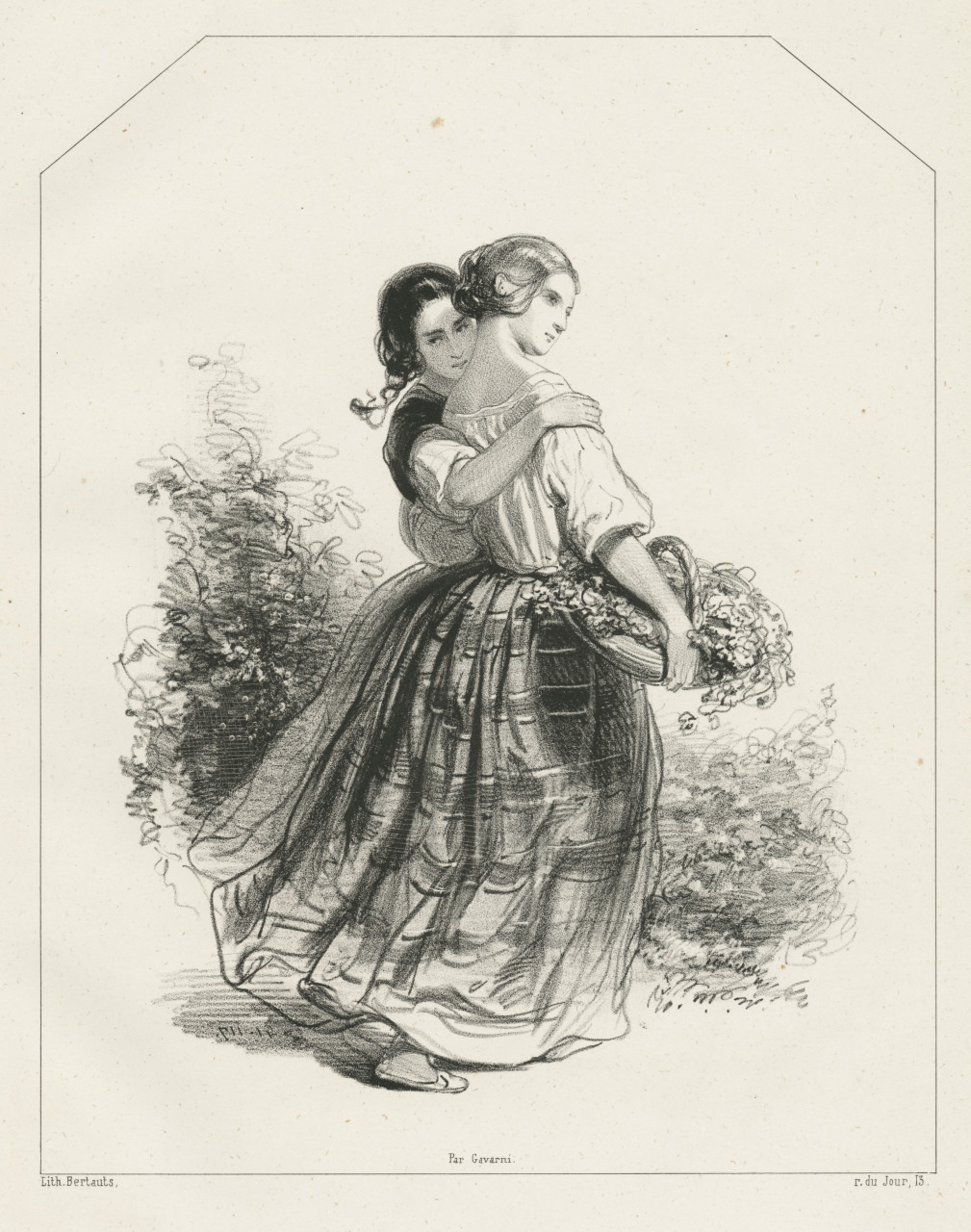 A black-and-white illustration of two women in 19th-century attire. One woman holds a basket of flowers while the other wraps her arms around her. They stand together in a garden setting, with foliage in the background.