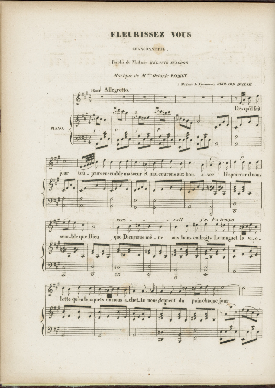 Sheet music titled Fleurissez Vous, featuring musical notes for piano and voice. The piece is composed by Octave Rolley, with lyrics by Madame B. Hillepront, and arranged by Emile Maiser. Text is in French.