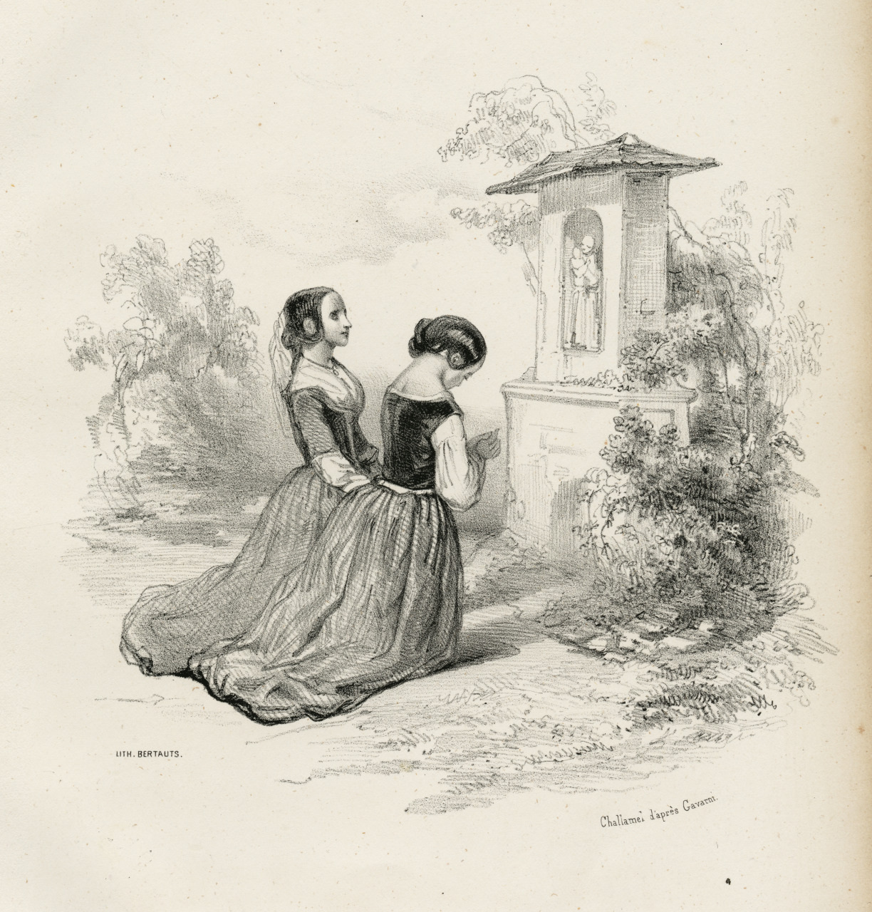 Two women in 19th-century dresses are kneeling and praying at a small outdoor shrine. The scene is sketched in black and white, with foliage surrounding the shrine, which contains a religious figure.