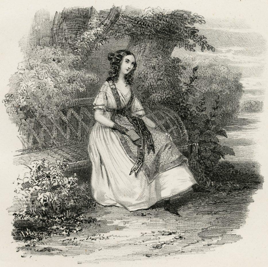A vintage illustration of a woman in a long dress sitting on a rustic bench in a garden. She holds a patterned shawl and gazes upwards. The scene is surrounded by lush foliage and a woven fence, creating a peaceful, nostalgic atmosphere.