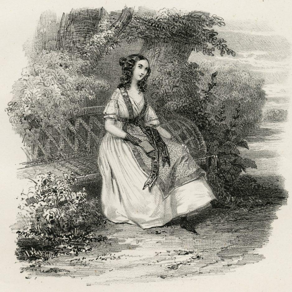 A vintage illustration of a woman in a long dress sitting on a bench by a tree. She gazes upward, holding a ribbon or scarf in her hands. The background features lush foliage and a serene, cloudy sky.