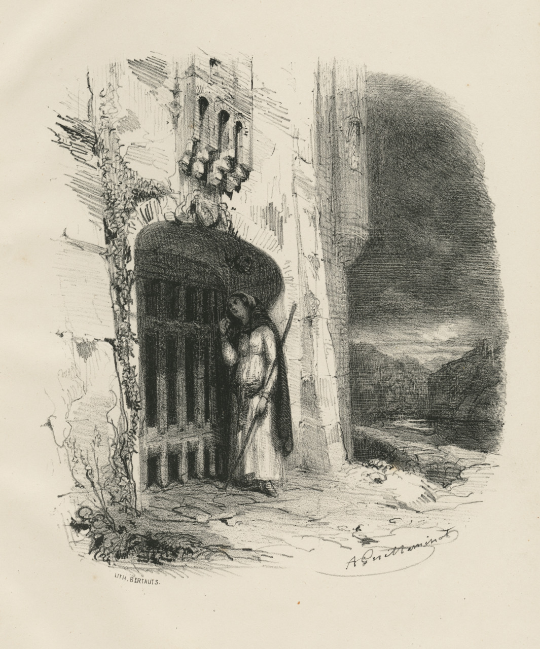 A black-and-white illustration of a medieval knight in armor, standing in front of a large, arched wooden door set in a stone wall. The knight holds a spear and is peering into the barred windows. The scene is shadowy and evokes a sense of mystery.