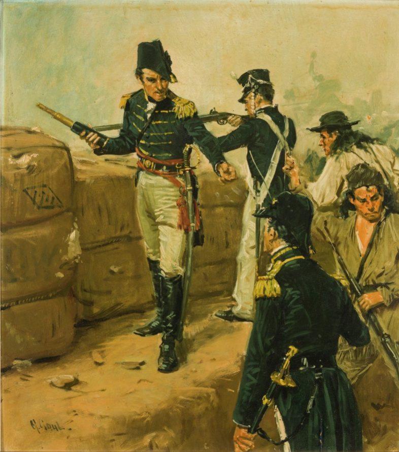 Historical painting of military officers in 19th-century uniforms, with one holding a long gun and others engaged in discussion. They stand near sandbags, possibly on a battlefield. The scene depicts action and communication among the group.
