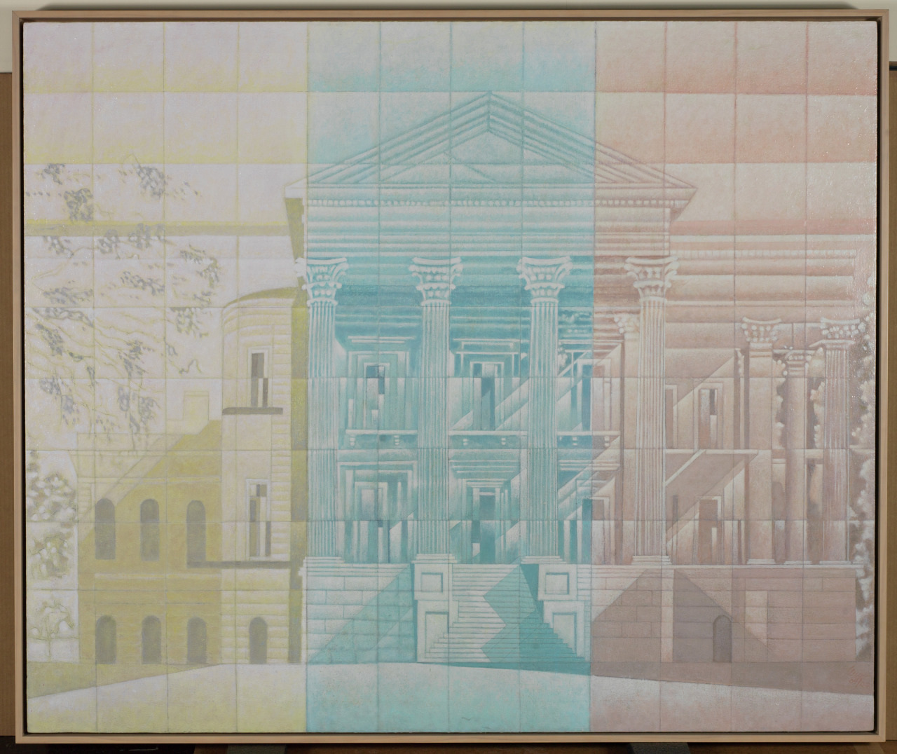 A pastel-colored architectural drawing features classical elements, with tall columns and stairs. The artwork is segmented into a grid pattern, blending shades of yellow, blue, and pink, evoking a faded and abstract appearance.