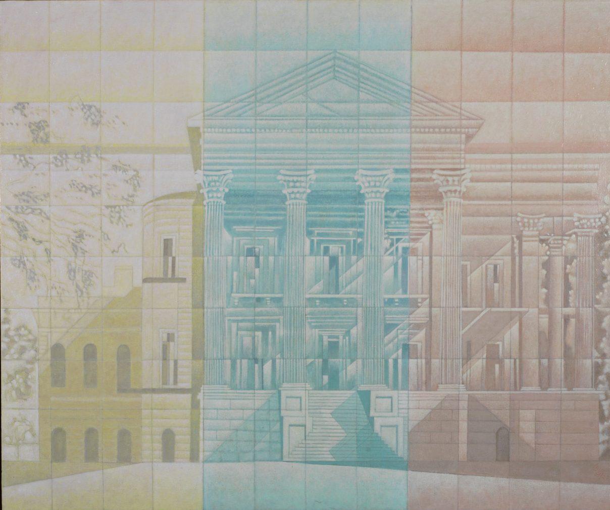 A colorful illustration of a neoclassical building, divided into sections with a gradient of blue, yellow, and orange hues. The detailed architecture features columns, stairs, and trees on the left.