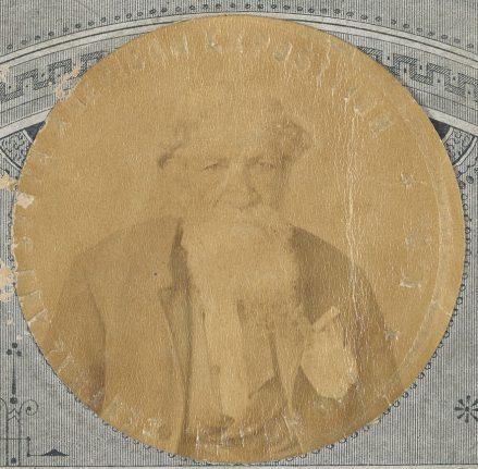 A sepia-toned photograph of an elderly man with a long white beard, dressed in a suit, is imprinted on a circular area of an ornate, patterned background. The image has a worn, aged look with visible scuffs.