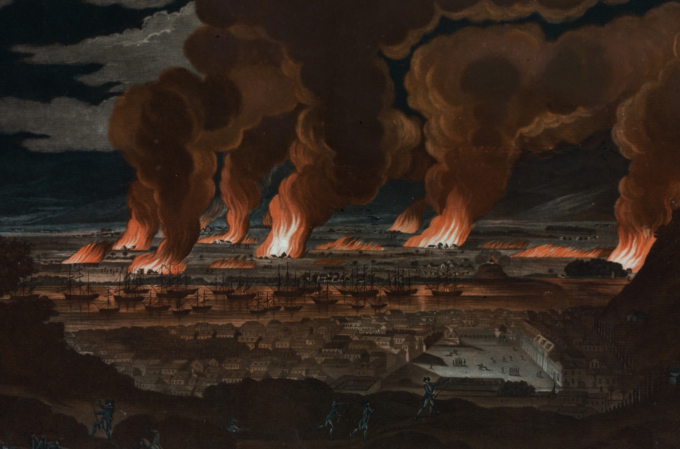 Colored copperplate engraved view of the burning of Cap Français on August 23, 1791, during the Haitian Revolution. Buildings are burning in the background beyond a body of water filled with ships. In the foreground soldiers run towards a village, a few have already fallen.