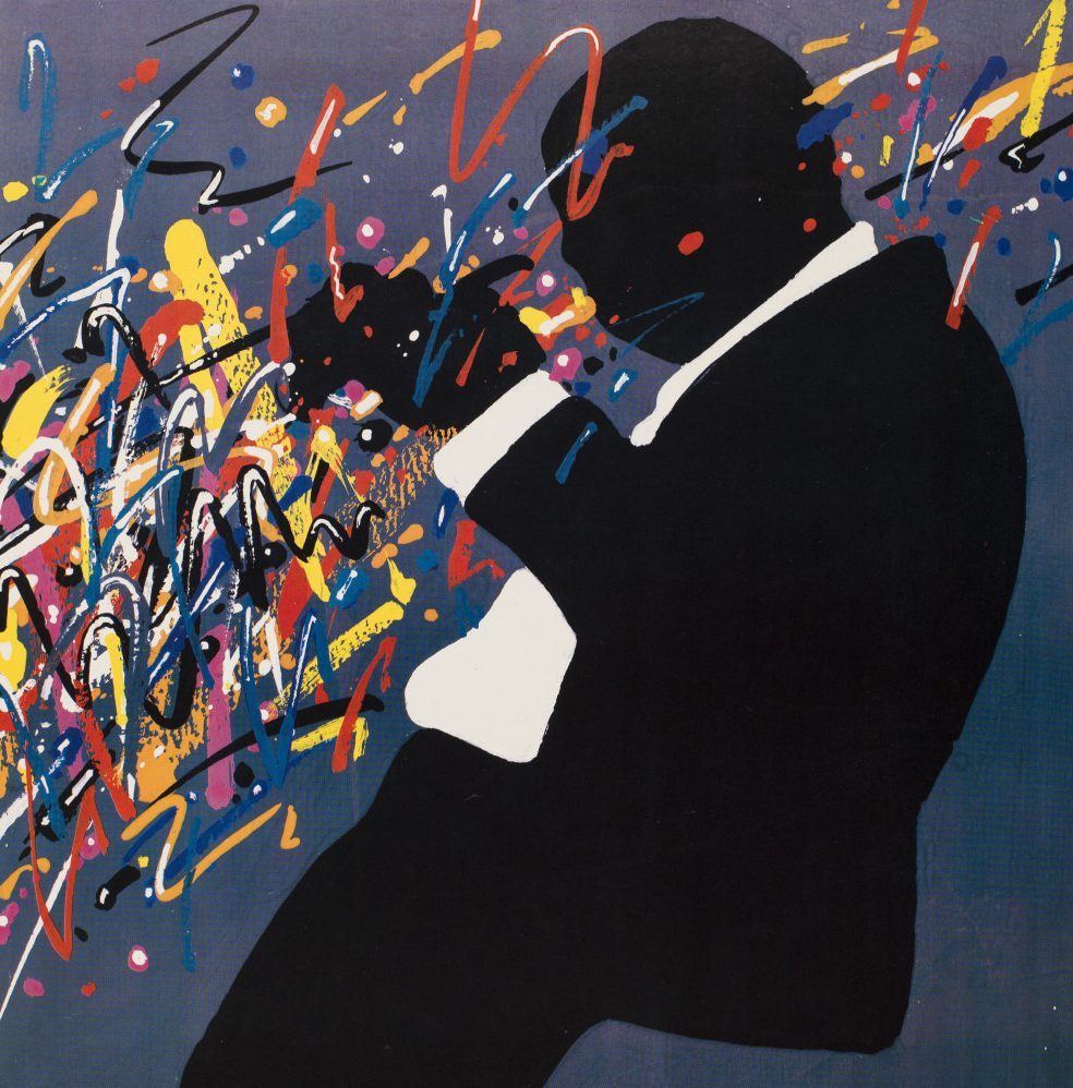 A vibrant painting of a jazz musician playing a trumpet. The silhouette of the musician contrasts against a colorful, abstract background filled with dynamic strokes and splashes of red, yellow, and blue.