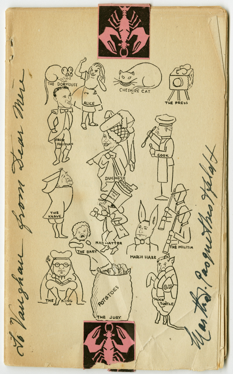 A vintage illustration featuring hand-drawn characters from Alices Adventures in Wonderland, including Alice, the Dormouse, the March Hare, and more. The paper has handwritten text and border designs with red and black patterns.
