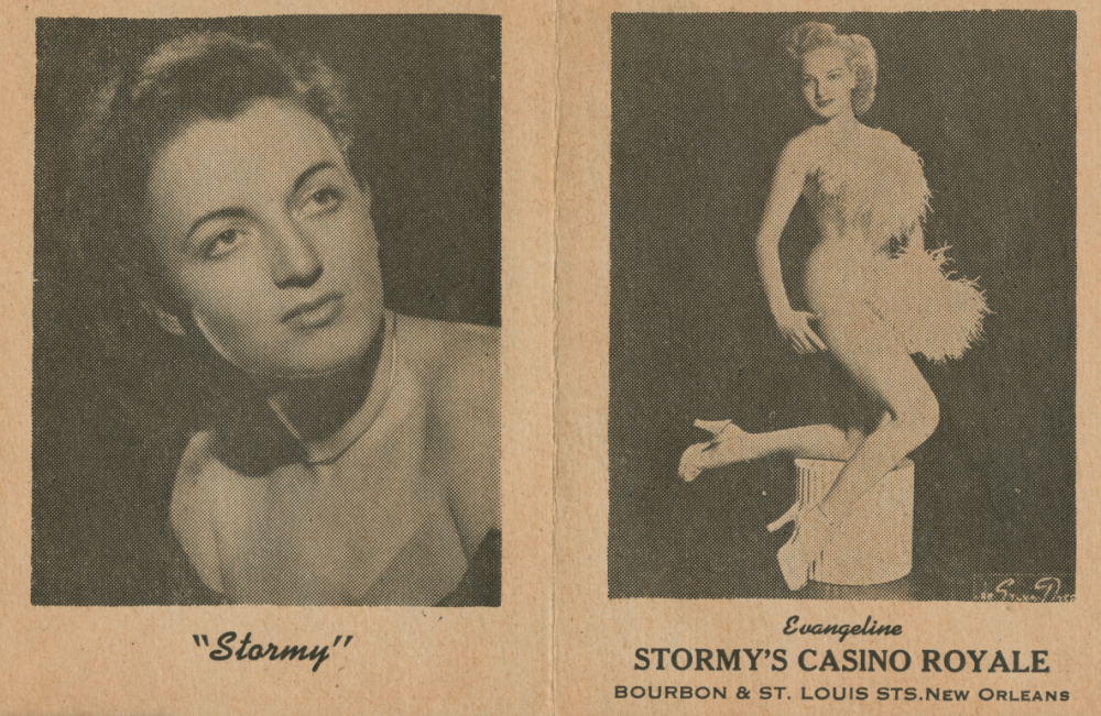 Vintage black-and-white promotional card featuring two images of a woman. The left shows a portrait labeled Stormy, and the right shows her in a feather outfit, posing with one leg on a stool. Text includes Evangeline and location details for a casino in New Orleans.