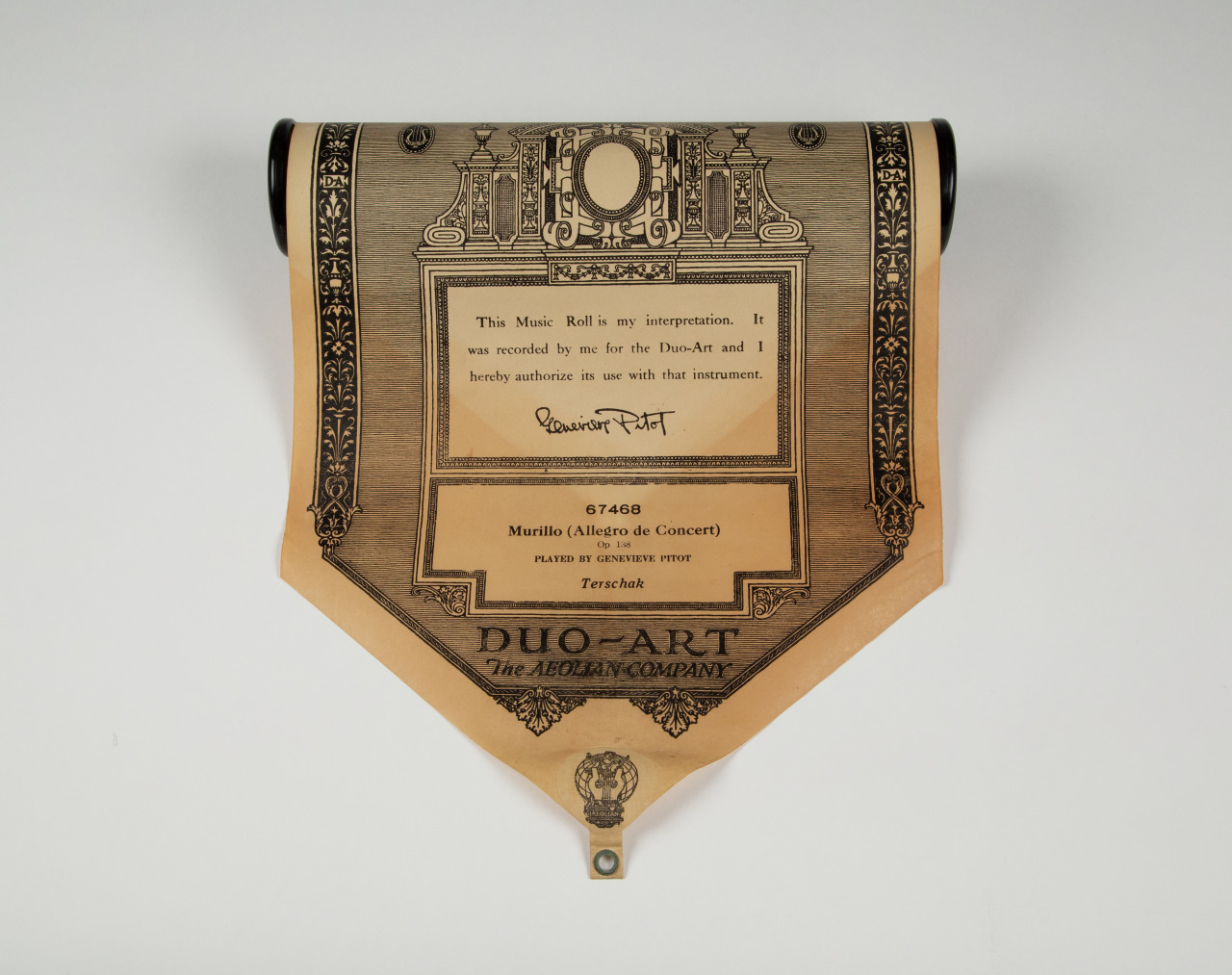 An ornate scroll of paper partially unrolled, displaying text and a signature in the center, with intricate decorative borders. It features a label with the title Murillo (Allegro de Concert) and mentions DUO-ART The Aeolian Company at the bottom.