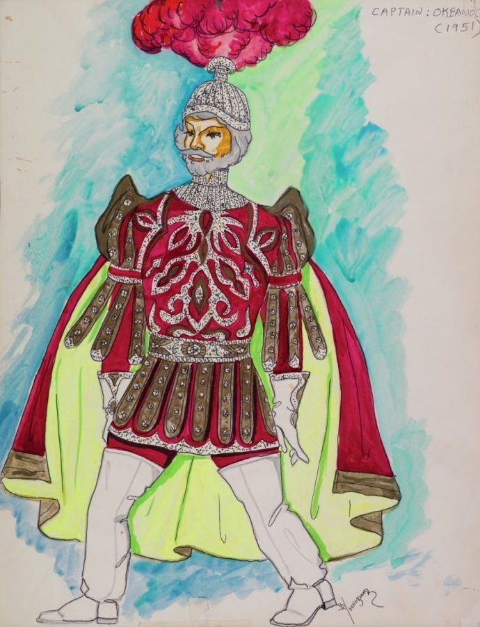 Illustration of a man in a historical costume with a detailed red and silver outfit, white tights, a green cape, and a large red feathered helmet. Hes against a blue and green background. Upper right text: Captain Oksano (1951).