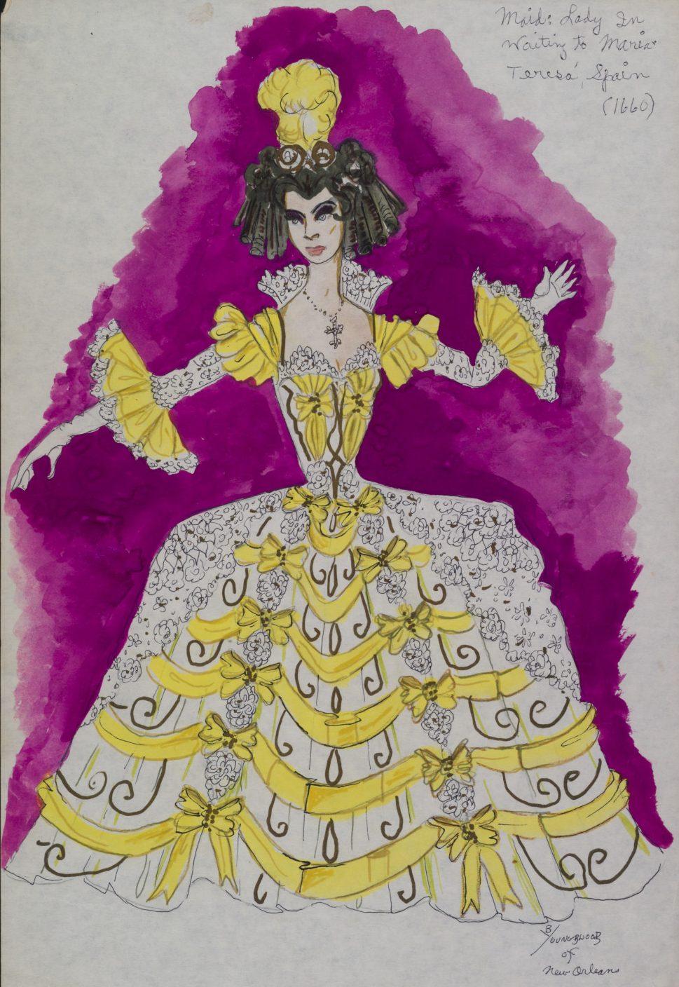 Illustration of a woman in an elaborate 18th-century-style gown with yellow ribbons and lace details. The backdrop is a vibrant purple. The design includes intricate hairstyles and decorative elements, suggestive of theatrical or historical fashion.
