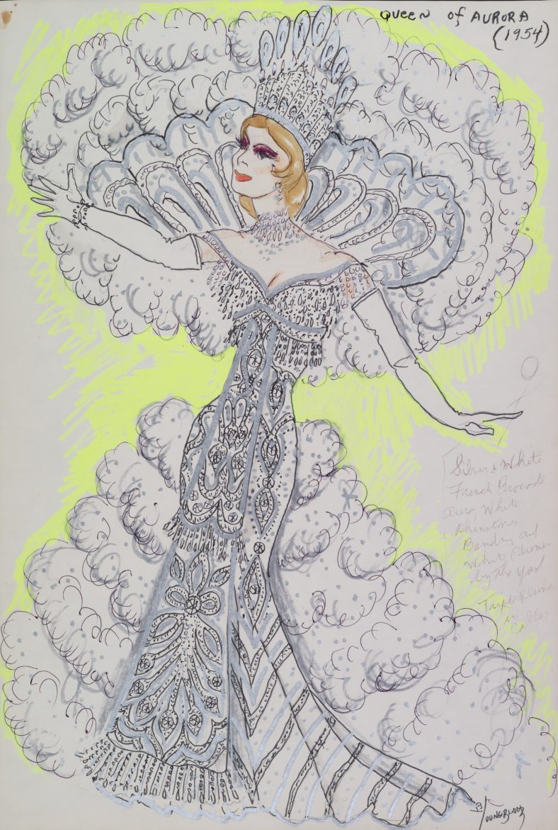 Illustration of a regal figure dressed in an elaborate, detailed gown. The dress features intricate patterns and the person has a large, ornate headdress. Clouds or feathers are part of the background, creating a dramatic, theatrical effect.