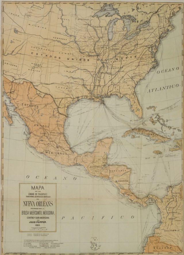 A vintage map of North and Central America, highlighting railroads connecting regions such as the United States, Mexico, and the Caribbean. The map is labeled in Spanish and includes major cities and geographic features.