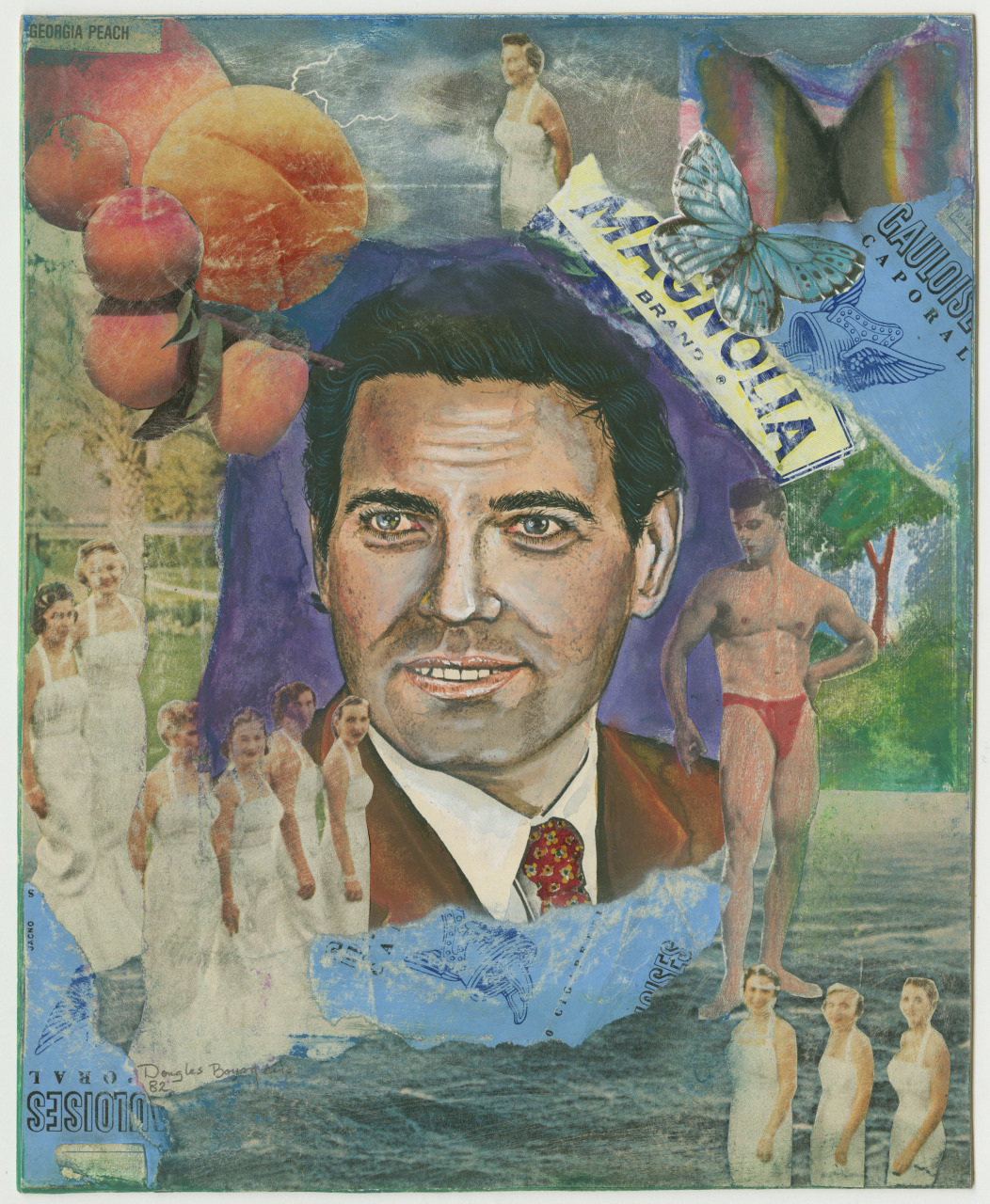 A colorful collage featuring a man in a suit, surrounded by images of peaches, butterflies, women in white dresses, a man in a red swimsuit, and several tickets labeled Magnolia. Elements blend visually into a vibrant, eclectic composition.