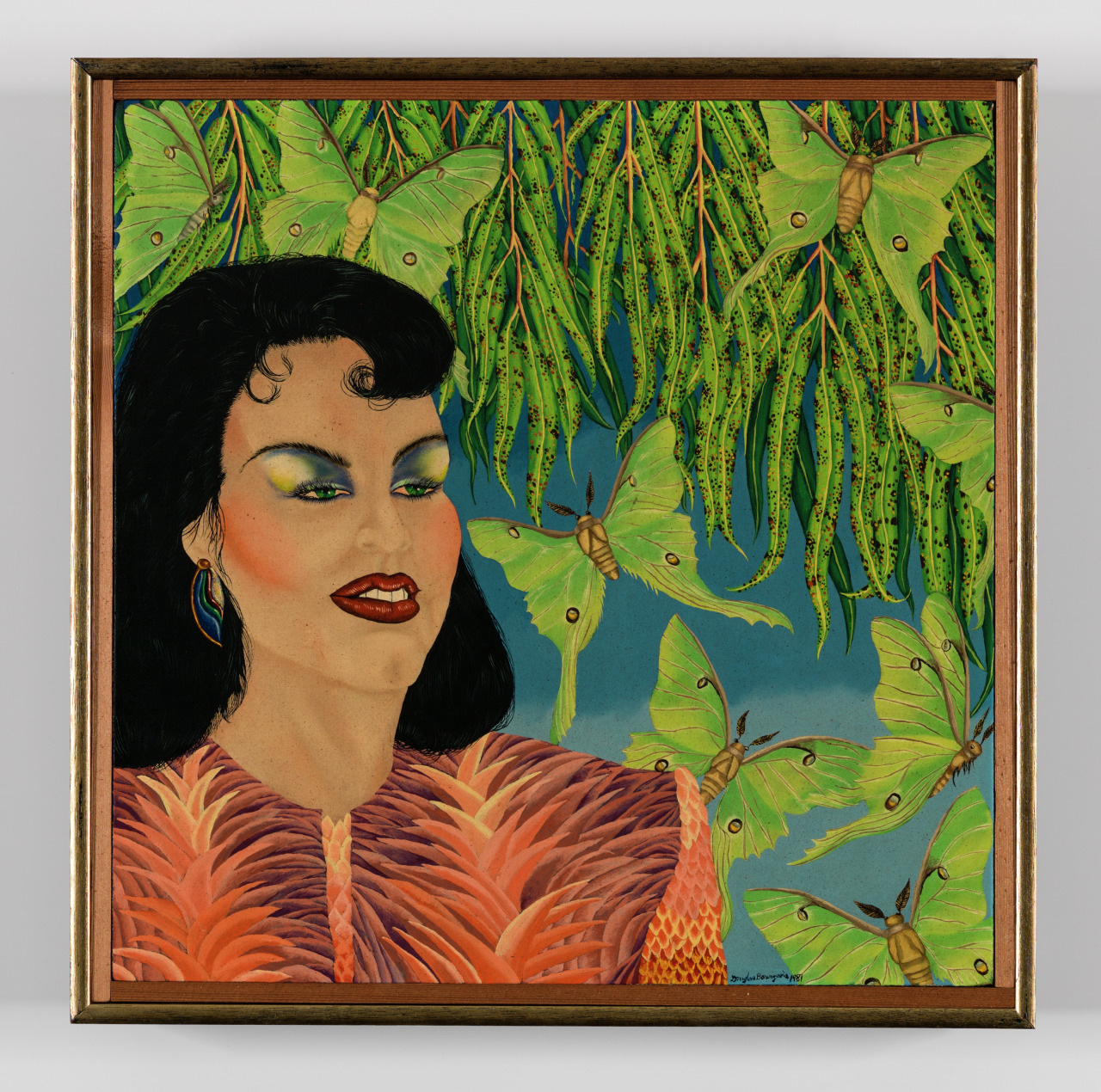 A painted portrait of a woman with dark hair and colorful makeup, set against a backdrop of green luna moths and leafy branches. The detailed foliage and moths create a vibrant, surreal atmosphere.