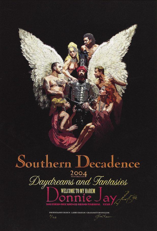 A group of people dressed in fantasy and historical costumes poses dramatically, with one wearing large angel wings. The text reads Southern Decadence 2004: Daydreams and Fantasies and features the name Donnie Jay.