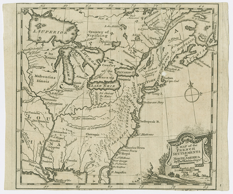 Vintage map depicting the French settlements in North America, highlighting the Great Lakes region, east to Newfoundland, south to the Carolinas, with rivers and settlements marked. Includes an ornate title cartouche and a compass rose.