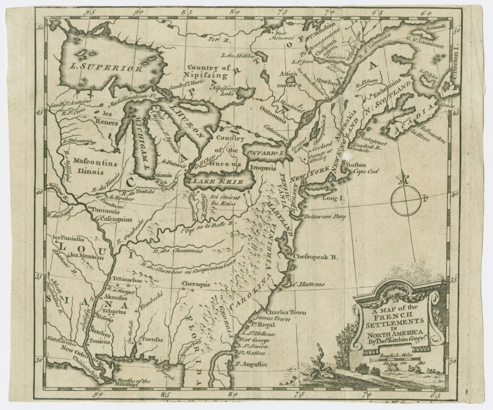 Antique map titled A Map of the French Settlements in North America showing parts of the Great Lakes region, including Lake Superior and Lake Erie, with labeled territories and settlements. Decorative cartouche in the lower right corner.