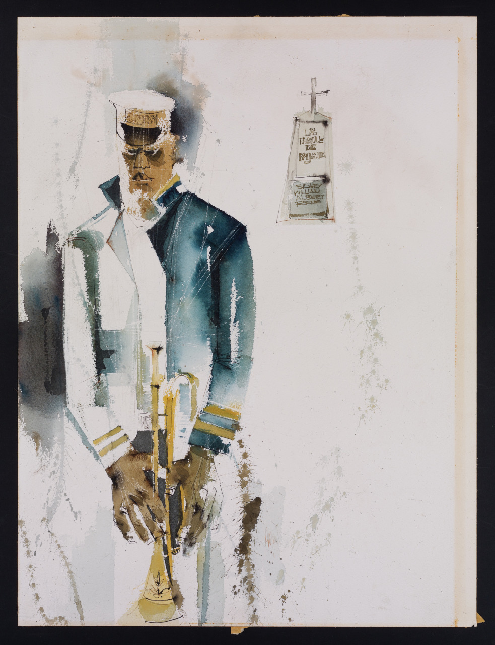 Stylized watercolor artwork depicting a musician wearing a blue and white uniform and cap, holding a trumpet. A small plaque with the text Billys Boogie is visible on the wall in the background. The image has a minimalistic and abstract feel.