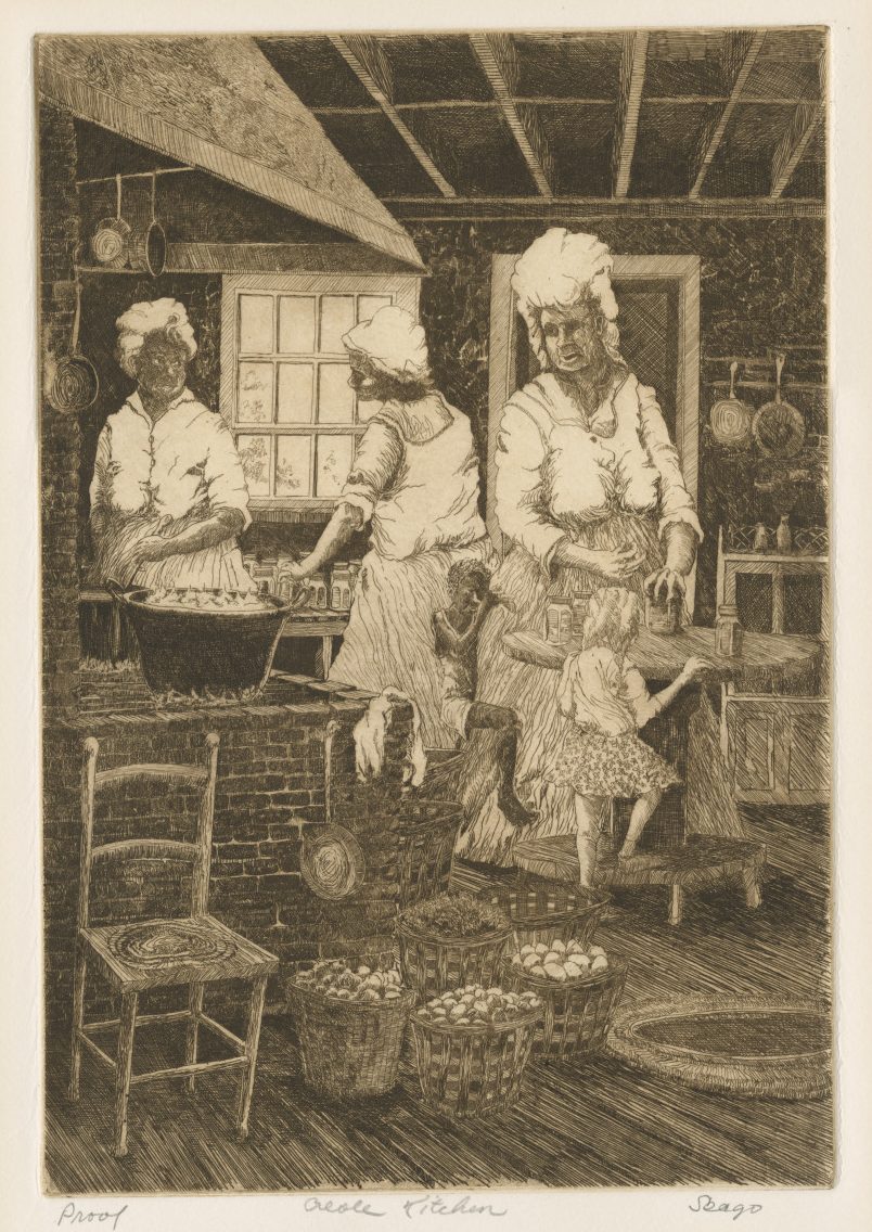 Illustration showing three female cooks and two children in a Creole kitchen. In the foreground, there are baskets of vegetables on the floor in front of a stove with a pot boiling on it. The women appear to be opening or closing jars that are visible on the tables in the right and left backgrounds.