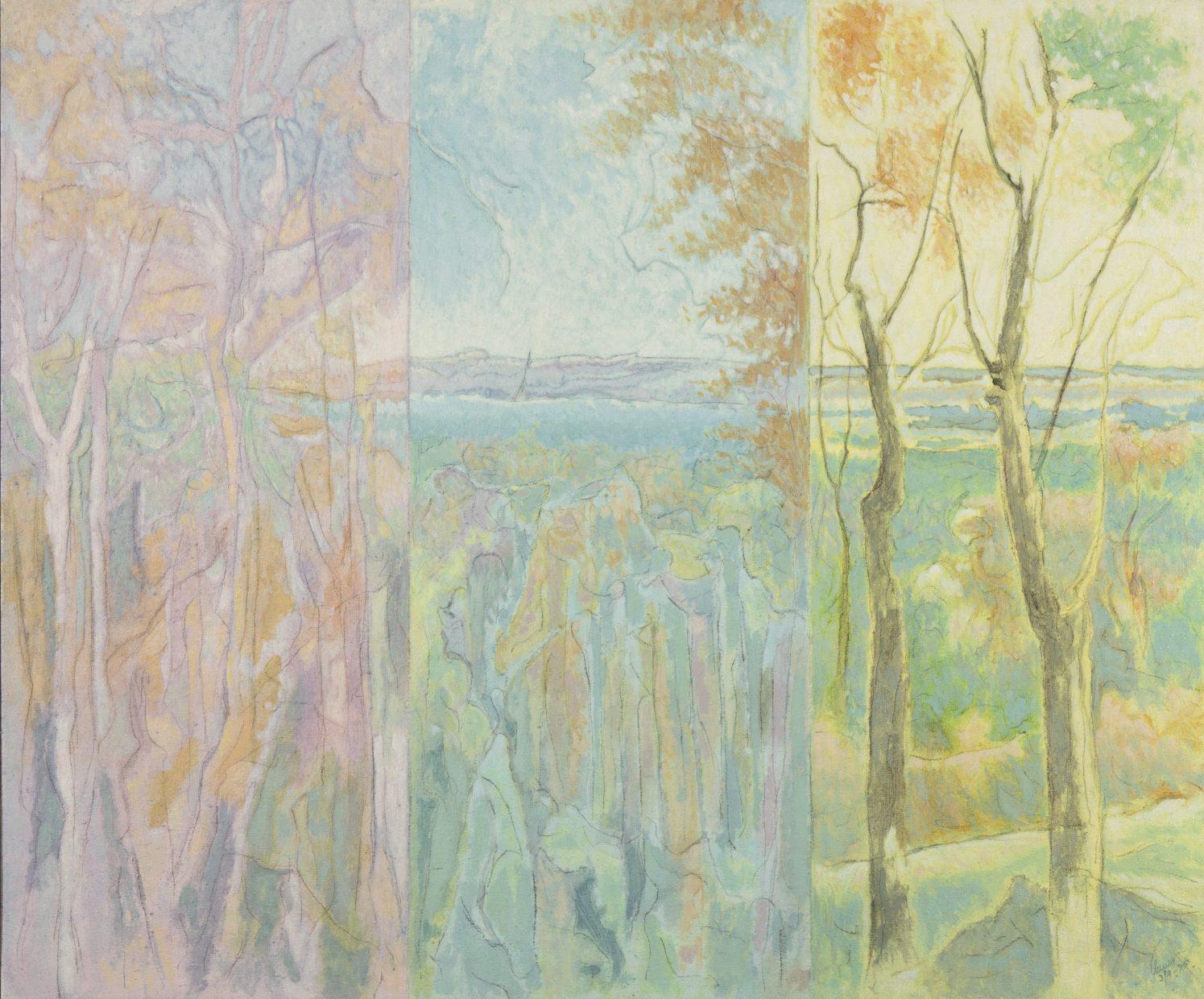 A landscape painting divided into three vertical sections, each representing a different season. The left side shows bare trees, the middle has lush greenery, and the right depicts golden autumn foliage, merging into a serene, unified scene.