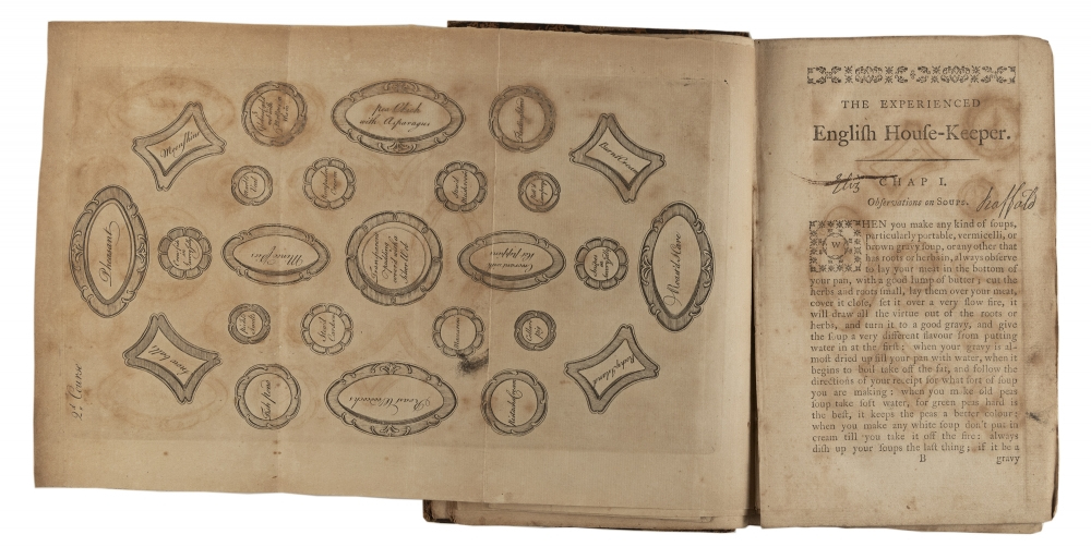 An open old book displays a page of various ornate label designs next to a page titled The Experienced English House-Keeper. The text features recipes and instructions for traditional English cooking.