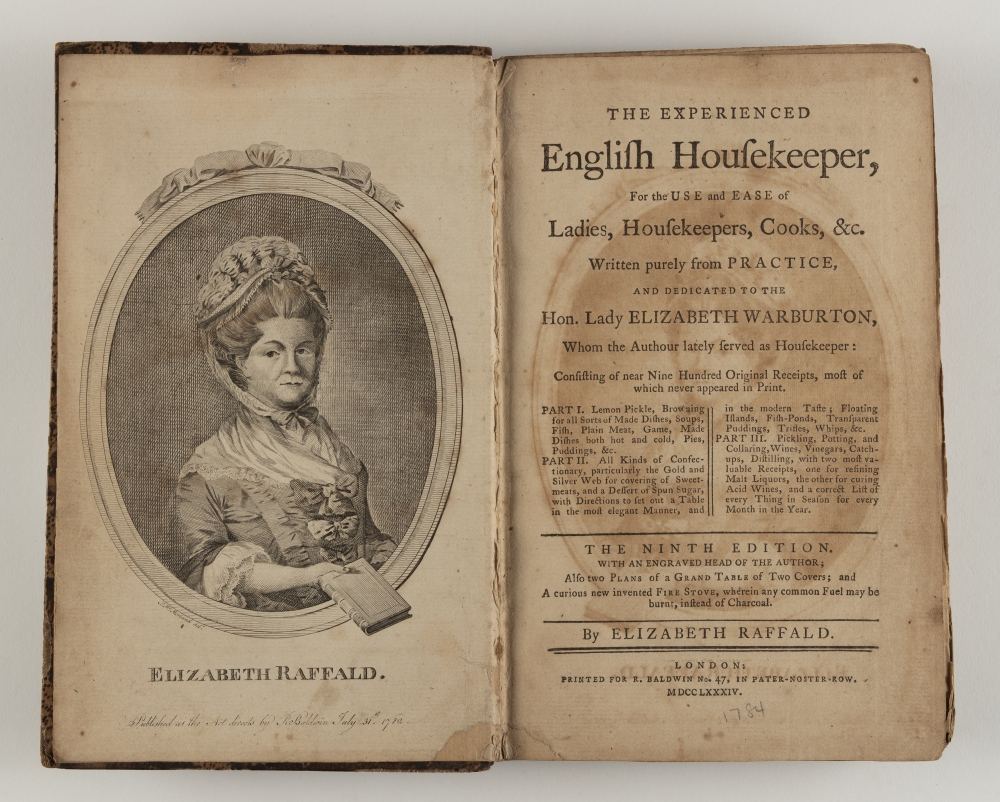 An open, aged cookbook titled The Experienced English Housekeeper by Elizabeth Raffald. The left page features a vintage portrait of Elizabeth Raffald. The right page contains the books introduction text and publication details.