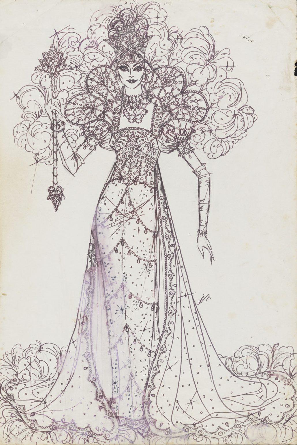 Illustration of a figure in an ornate gown with puffed shoulders, intricate details, and a crown-like headpiece. The garment is lavish, featuring elaborate patterns and ruffles, and the figure holds a decorative scepter.