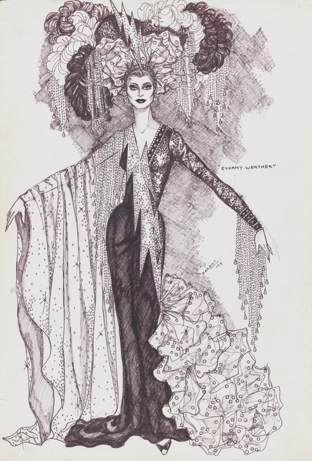 A detailed sketch of a woman in an elaborate costume titled Stormy Weather. She wears a long, patterned gown with flowing sleeves and intricate headpiece adorned with flowers and beads. The design is ornate and theatrical.