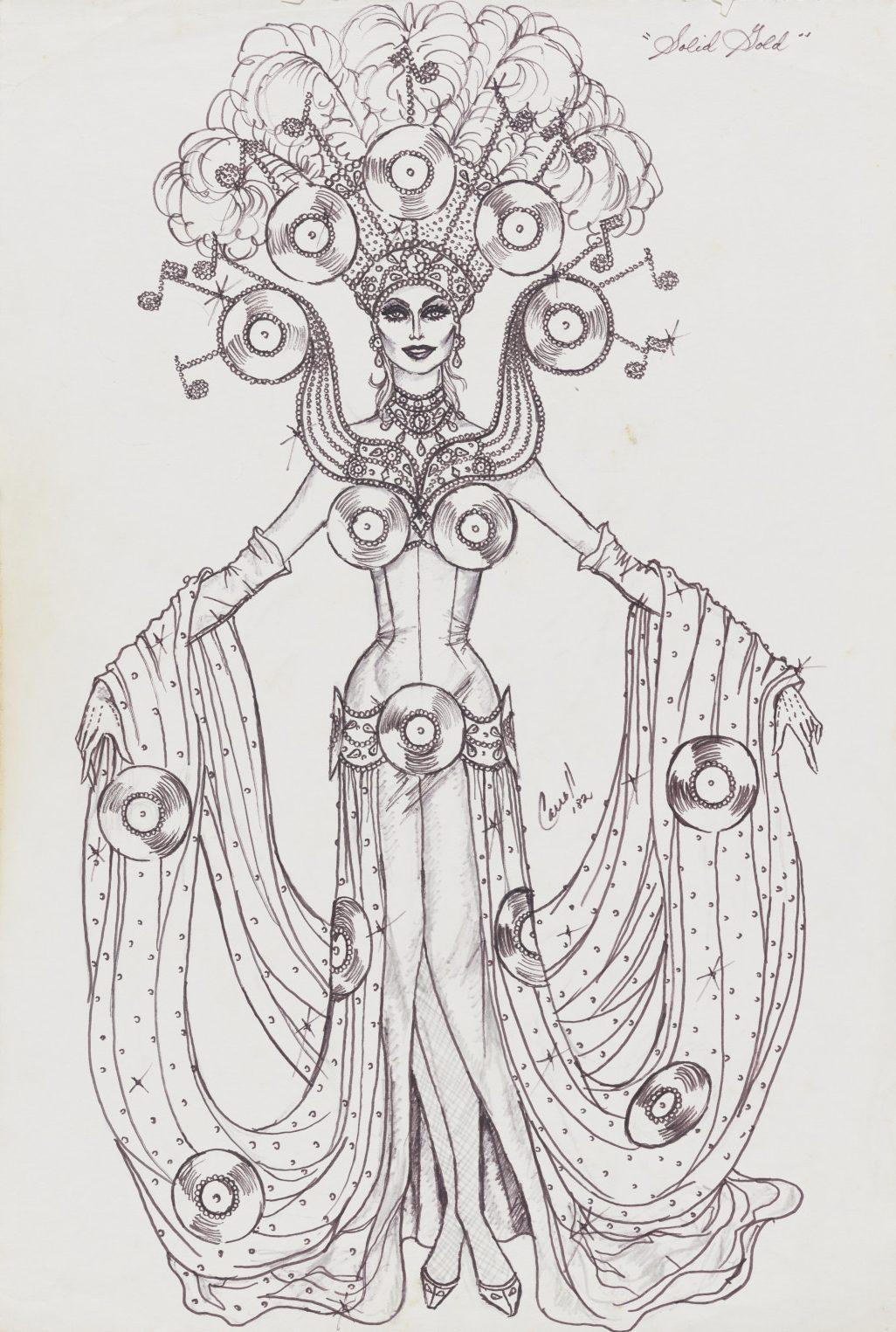 A detailed sketch of a glamorous woman in an elaborate costume adorned with records, a headdress with feathers, and a richly decorated gown with flowing sleeves. The intricate design emphasizes music-themed elements.